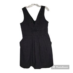 Corey P Black White Polka Dot Pleated Sleeveless V Neck Pocket Dress 16